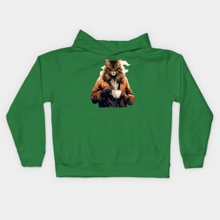 Maine Coon Cat Drinking Coffee Kids Hoodie